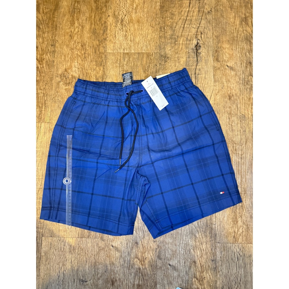 NWT!Tommy Hilfiger Mens Blue Plaid Swim Trunks Mesh Lined Board Shorts  M